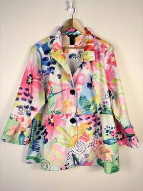 Ali Miles Colorful Button Down Shirt Jacket Watercolor Artsy Bright Vacation